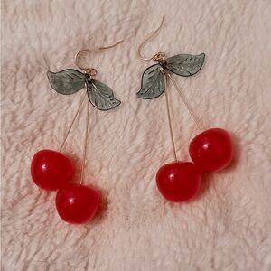 Cherry Red Earrings with Leaf Detail